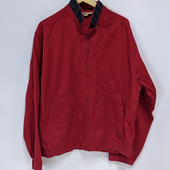 Vintage Eddie Bauer Red Denim Bomber Jacket With Plaid Trim, Full Zip, Large - Picture 5 of 12